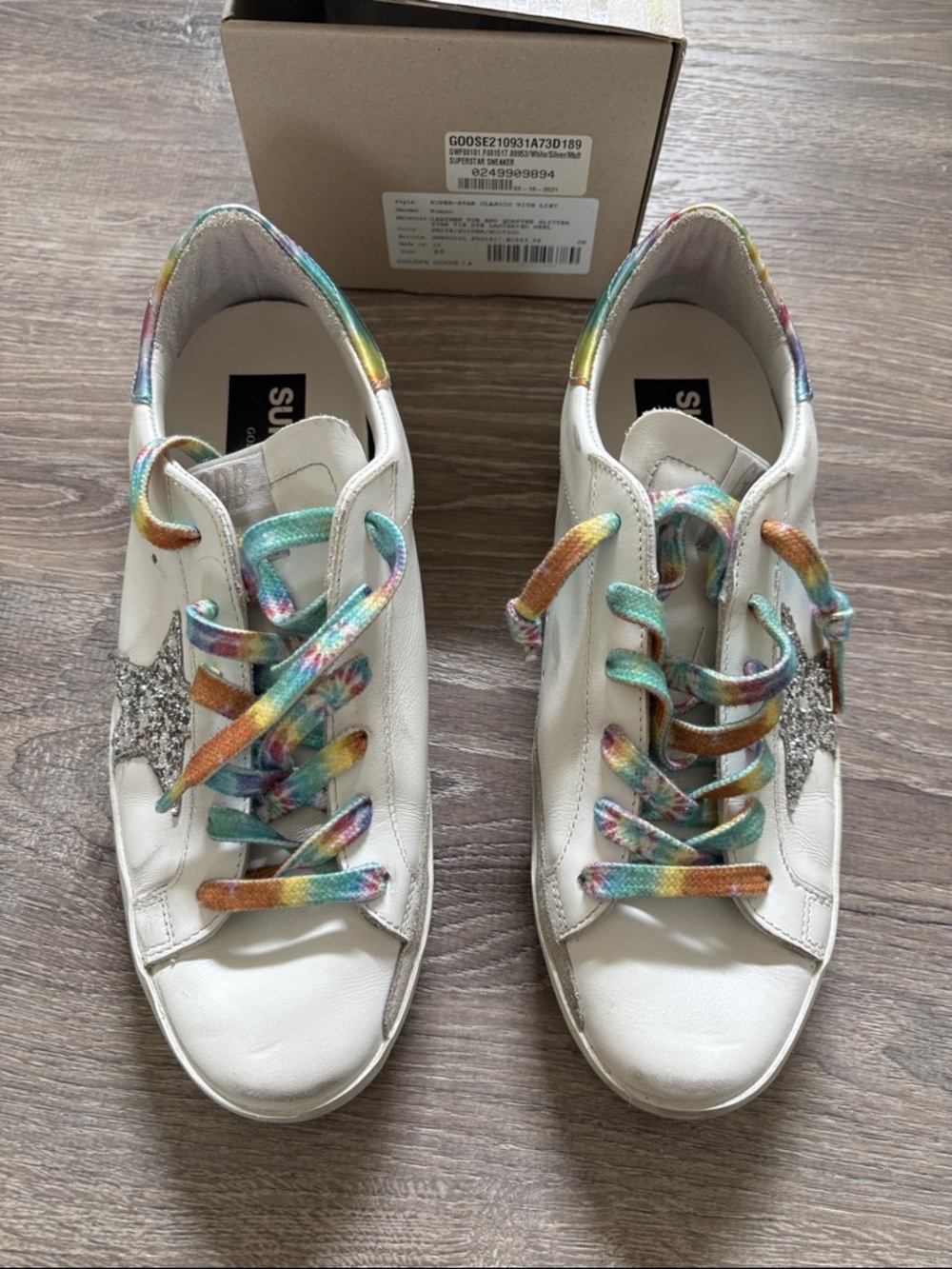 Golden Goose White Sneakers with Multicolor Rainbow Laces and Silver Star